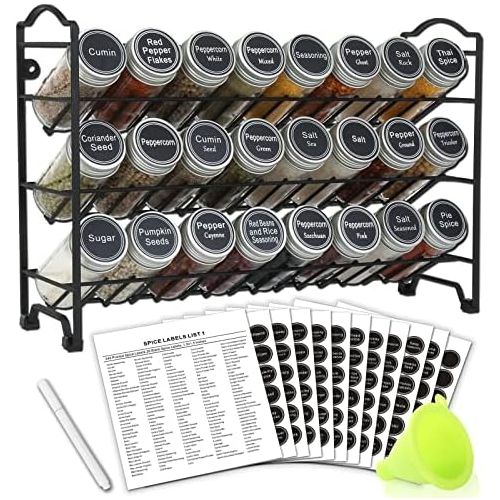  SWOMMOLY Spice Rack Organizer with 24 Empty Round Spice Jars, 396 Spice Labels with Chalk Marker and Funnel Complete Set, for Countertop, Cabinet or Wall Mount