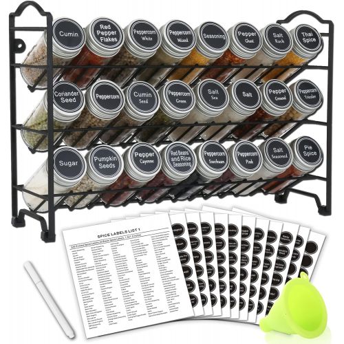  SWOMMOLY Spice Rack Organizer with 24 Empty Round Spice Jars, 396 Spice Labels with Chalk Marker and Funnel Complete Set, for Countertop, Cabinet or Wall Mount