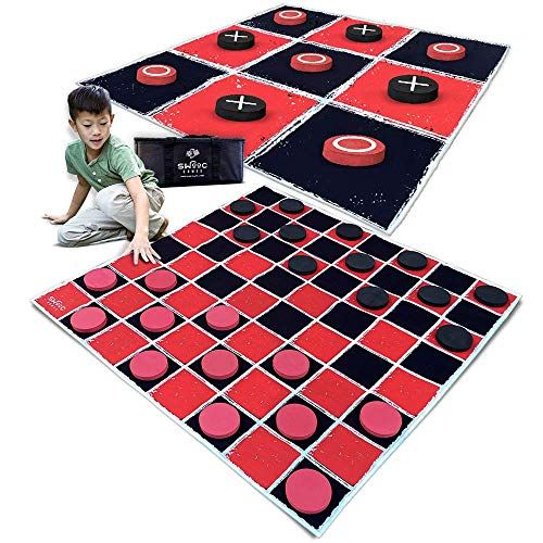  SWOOC Games - 2-in-1 Vintage Giant Checkers & Tic Tac Toe Game with Mat ( 4ft x 4ft ) - 100% Machine-Washable Canvas with 5 Big Foam Discs - Yard Size Indoor and Outdoor Games for