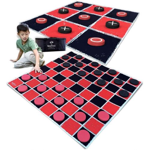  SWOOC Games - 2-in-1 Vintage Giant Checkers & Tic Tac Toe Game with Mat ( 4ft x 4ft ) - 100% Machine-Washable Canvas with 5 Big Foam Discs - Yard Size Indoor and Outdoor Games for