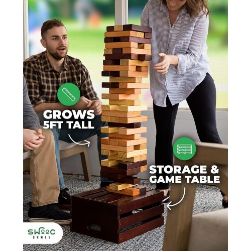  SWOOC Games - Reclaimed Giant Tower Game 60 Large Blocks Storage Crate / Outdoor Game Table Starts Over 2.5ft Big Max Height of 5ft Genuine Jumbo Toppling Yard Games Jumbo Backyard