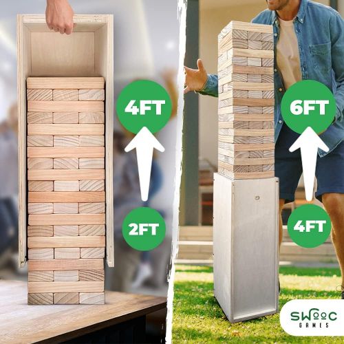  SWOOC Games - Giant Tower Game with 3-in-1 Straightener, Table & Storage Box - 90% Faster Set Up with Transforming Box & Straightener - Starts at 2-4ft - Grows to Over 6ft - Large