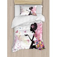 SWORNA Ambesonne Fantasy Duvet Cover Set, Fairy Girl with Wings in a Floral Dress Fantasy Garden Flying Butterflies, Decorative 2 Piece Bedding Set with 1 Pillow Sham, Twin Size, Pink Whi