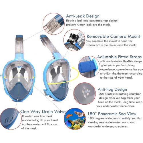  SXC Tauchmaske, Faltbare Schnorchelmaske Tauchermaske Vollgesichtsmaske, mit 180 Grad Blickfeld Abnehmbare Kamerahalterung und Schnalle, Anti-Fog Anti-Leck, fuer Erwachsene und Kind
