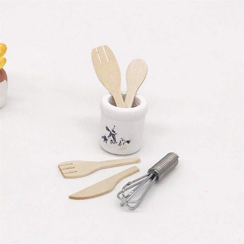  SXFSE Dollhouse Decoration Accessories, Egg Beater and Utensils with Pottery Holder Wooden Kitchen Fork Dollhouse Miniatures 1:12 Kitchen Accessories