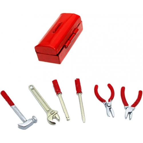  SXFSE Dollhouse Decoration Accessories, 1:12 Dollhouse Miniature Scene Model Work Tools Set with Toolbox 7 Pcs (Red Tools+Red Box, As Shown)