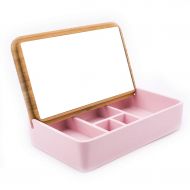 SXHDMY-Makeup mirror Desktop Cosmetic Storage Box Bamboo Covered Cosmetic Box Household Mirror Plastic Finishing Box Creative Jewelry Box (Color : Pink)