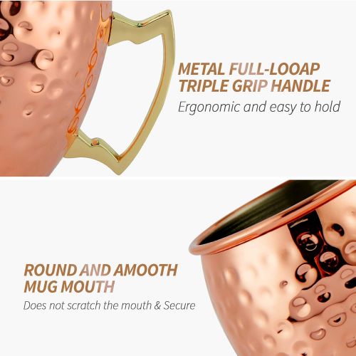  [아마존베스트]SXUDA Copper Mule Mugs Set of 4, Moscow Creative Hammer Point Copper Cups with Stainless Steel Inner and Copper-plated Outer for Beer and Cocktail