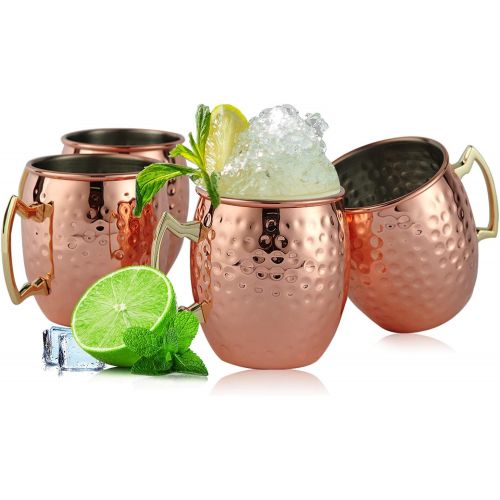  [아마존베스트]SXUDA Copper Mule Mugs Set of 4, Moscow Creative Hammer Point Copper Cups with Stainless Steel Inner and Copper-plated Outer for Beer and Cocktail