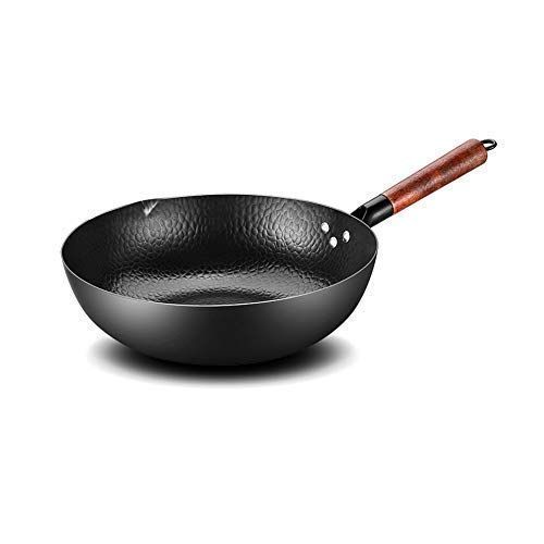  SXYZTDF Uncoated Health Wok， Non Stick Pan Gas Stove Induction Cooker Wood Cover Flat Bottom Pot Handmade Iron Pot 32Cm Useful