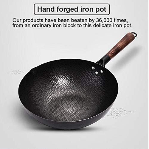  SXYZTDF Uncoated Health Wok， Non Stick Pan Gas Stove Induction Cooker Wood Cover Flat Bottom Pot Handmade Iron Pot 32Cm Useful