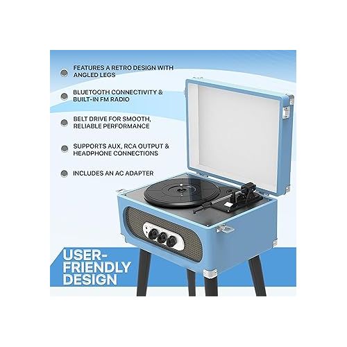  SYLVANIA SRC894-BLUE Bluetooth Retro Turntable with Stand & FM Radio (Blue)