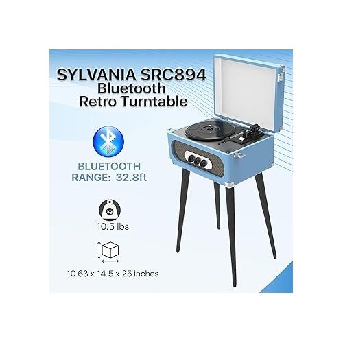  SYLVANIA SRC894-BLUE Bluetooth Retro Turntable with Stand & FM Radio (Blue)