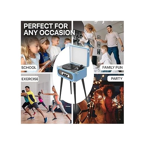  SYLVANIA SRC894-BLUE Bluetooth Retro Turntable with Stand & FM Radio (Blue)