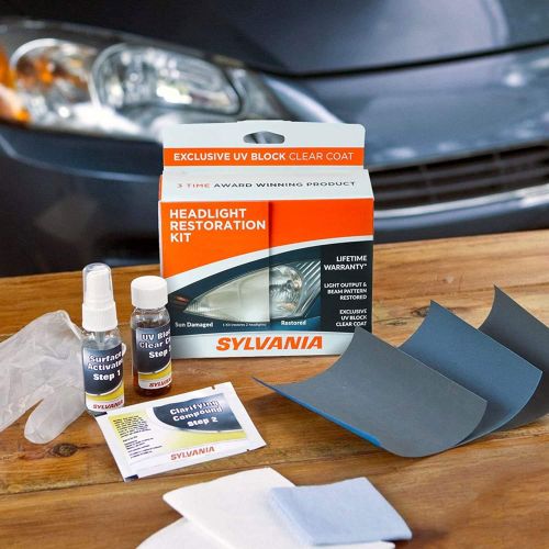  SYLVANIA - Headlight Restoration Kit - 3 Easy Steps to Restore Sun Damaged Headlights With Exclusive UV Block Clear Coat, Light Output and Beam Pattern Restored, Long Lasting Prote