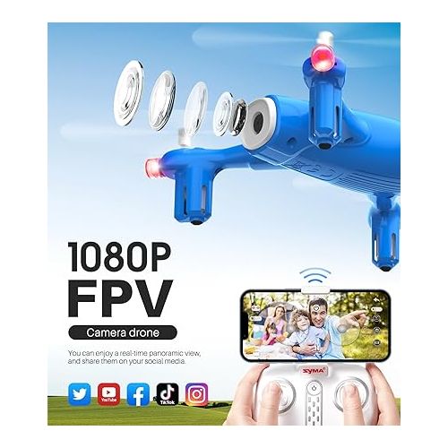 시마 SYMA X400 Mini Drone with 1080P FPV Camera for Kids, Remote Control Quadcopter Toys Gifts for Boys Girls with APP Control, Altitude Hold, Gravity Control, One Key Start, 3D Flips 2 Batteries, Blue