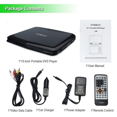  SYNAGY 10.1 Portable DVD Player CD Player with Swivel Screen Remote Control Rechargeable Battery Car Charger Wall Charger, Personal DVD Player