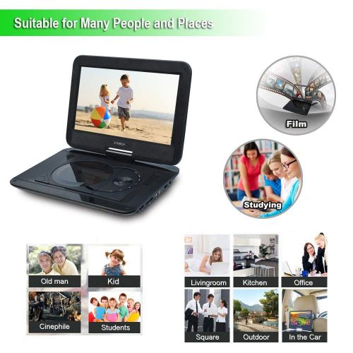  SYNAGY 10.1 Portable DVD Player CD Player with Swivel Screen Remote Control Rechargeable Battery Car Charger Wall Charger, Personal DVD Player
