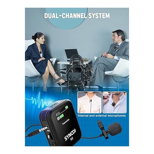  SYNCO Wireless Lavalier Microphone G2(A2), 2.4G Dual Channel Lapel Microphone for Vlogging, Streaming, YouTube, DSLR, Smartphone, Tablet - Compact, Long Battery Life
