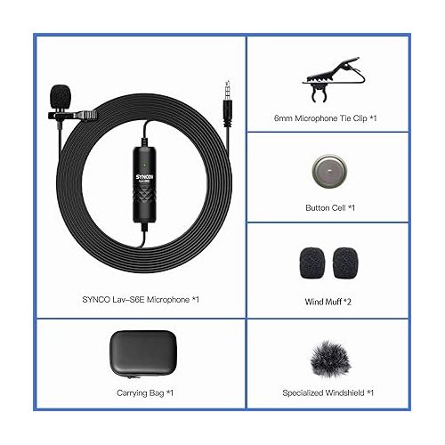  SYNCO Lavalier Mic, Lav S6E Omnidirectional Condenser Lapel Mic Recording Mic Compatible with iPhone iPad Video 6M/ 19.7ft Cable, Lavalier-Microphone-Omnidirectional-Recording-Mic