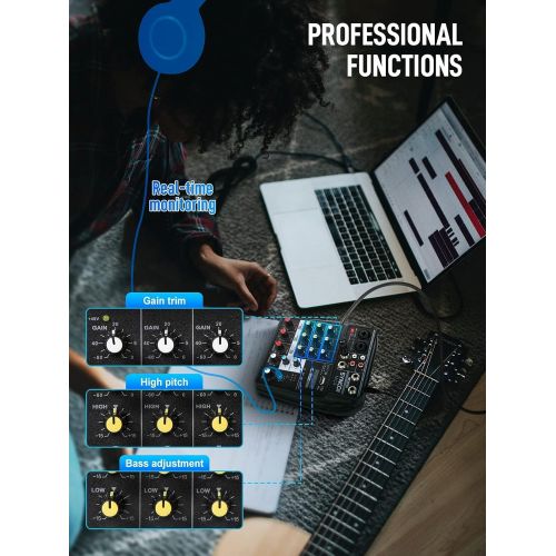  [아마존베스트]SYNCO MC4 Audio-Mixer-Bluetooth-USB-Record 4-Channel Mono Stereo Input Reverb Effects, 48V Phantom Power, Audio Interface Board for Stage Tuning, Home KTV, Studio Music, Sound Reco