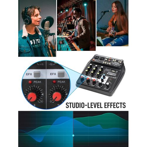  [아마존베스트]SYNCO MC4 Audio-Mixer-Bluetooth-USB-Record 4-Channel Mono Stereo Input Reverb Effects, 48V Phantom Power, Audio Interface Board for Stage Tuning, Home KTV, Studio Music, Sound Reco