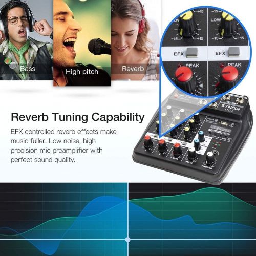  [아마존베스트]SYNCO MC4 Audio-Mixer-Bluetooth-USB-Record 4-Channel Mono Stereo Input Reverb Effects, 48V Phantom Power, Audio Interface Board for Stage Tuning, Home KTV, Studio Music, Sound Reco