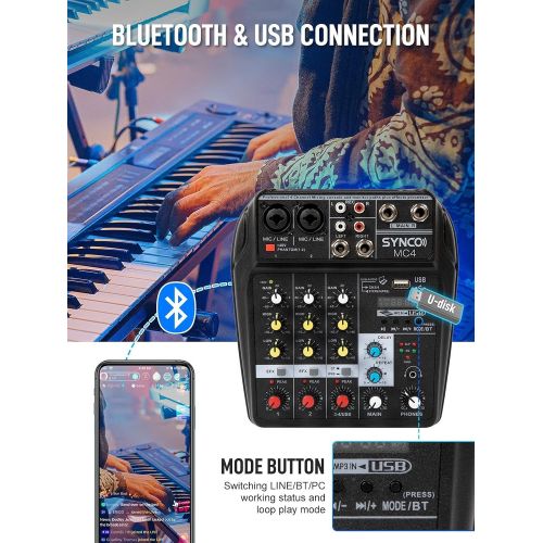  [아마존베스트]SYNCO MC4 Audio-Mixer-Bluetooth-USB-Record 4-Channel Mono Stereo Input Reverb Effects, 48V Phantom Power, Audio Interface Board for Stage Tuning, Home KTV, Studio Music, Sound Reco