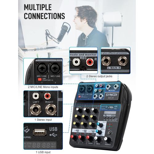  [아마존베스트]SYNCO MC4 Audio-Mixer-Bluetooth-USB-Record 4-Channel Mono Stereo Input Reverb Effects, 48V Phantom Power, Audio Interface Board for Stage Tuning, Home KTV, Studio Music, Sound Reco