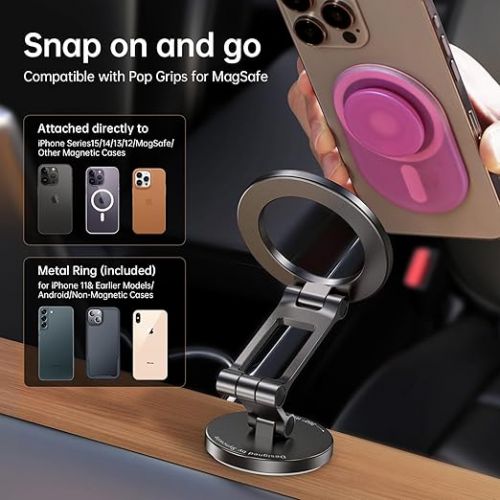  SYNCWIRE Fits MagSafe Car Mount for Car Dash&Tesla Screen, [All-Metal] Foldable Magnetic Phone Holder for Car, 360° Rotation Car Mount Strong Magnets Car Phone Holder Fits iPhone 15 14 13 12 Pro Max