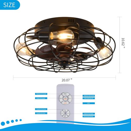  SYXLCYGJ Flush Mount Ceiling Fans with Lights, 3-Speed Reversible Ceiling Fan with Remote Control, 4xE26 Bases, 20 inch, Black