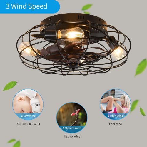  SYXLCYGJ Flush Mount Ceiling Fans with Lights, 3-Speed Reversible Ceiling Fan with Remote Control, 4xE26 Bases, 20 inch, Black