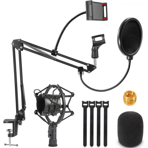  SZDPC Heavy Duty Microphone Stand, Adjustable Suspension Scissor Arm Stand with Shock Mount Mic Clip Holder Pop Filter 3/8’’ to 5/8’’ Screw Adapter for Blue Yeti, Snowball & Other Microp