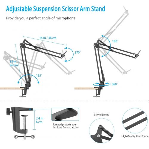  SZDPC Heavy Duty Microphone Stand, Adjustable Suspension Scissor Arm Stand with Shock Mount Mic Clip Holder Pop Filter 3/8’’ to 5/8’’ Screw Adapter for Blue Yeti, Snowball & Other Microp