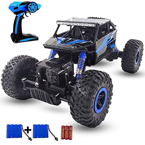  SZJJX Remote Control Car 2.4Ghz RC Cars 4WD Powerful All Terrains RC Rock Crawler Electric Radio Control Cars Off Road RC Monster Trucks toys with 2 Batteries for Kids Boys Blue