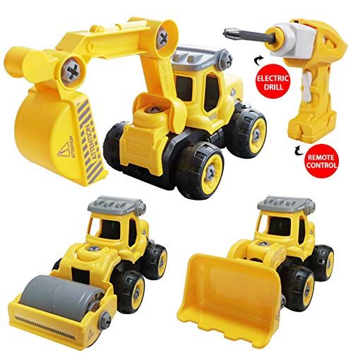  SZJJX 3 in 1 Construction Truck Take Apart Toys with Electric Drill, Converts to Remote Control Car, Kids DIY Stem Learning Building Toy, Gifts Toys for 3,4,5,6,7 Year Old Boys (Ye