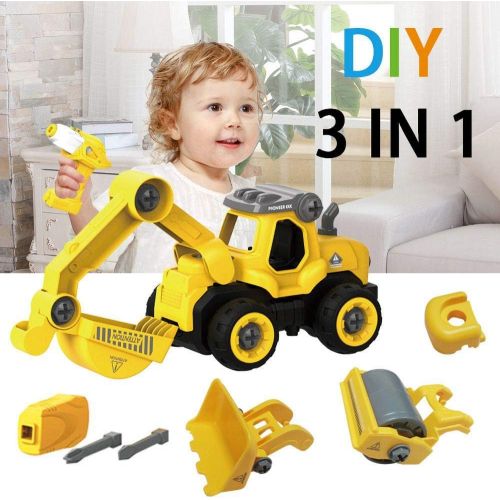  SZJJX 3 in 1 Construction Truck Take Apart Toys with Electric Drill, Converts to Remote Control Car, Kids DIY Stem Learning Building Toy, Gifts Toys for 3,4,5,6,7 Year Old Boys (Ye