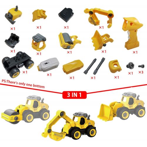  SZJJX 3 in 1 Construction Truck Take Apart Toys with Electric Drill, Converts to Remote Control Car, Kids DIY Stem Learning Building Toy, Gifts Toys for 3,4,5,6,7 Year Old Boys (Ye