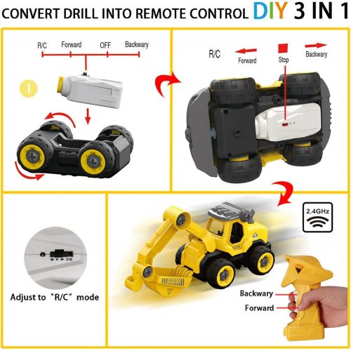  SZJJX 3 in 1 Construction Truck Take Apart Toys with Electric Drill, Converts to Remote Control Car, Kids DIY Stem Learning Building Toy, Gifts Toys for 3,4,5,6,7 Year Old Boys (Ye