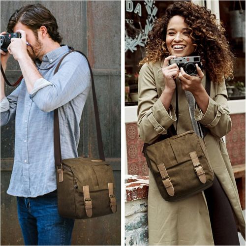  S-ZONE Waterproof Camera Bags for DSLR Canon Canvas Vintage Shoulder Women Men Camera Messenger Bag Leather Trim(Brown)
