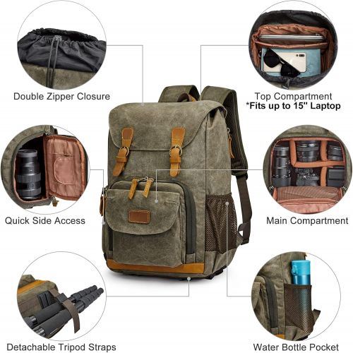  S-ZONE Waterproof Canvas Camera Backpack Case Bag Men Women14 inch Laptop Tripod