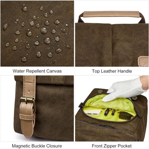  S-ZONE Waterproof Camera Bags for DSLR Canon Canvas Vintage Shoulder Women Men Camera Messenger Bag Leather Trim(Brown)