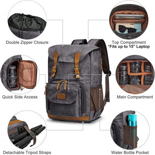  S-ZONE Waterproof Canvas Camera Backpack Case Bag Men Women 14 inch Laptop Tripod