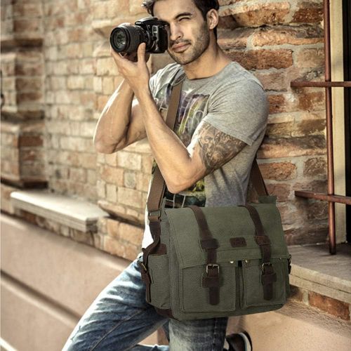  S-ZONE Vintage Camera Messenger Bag Leather Canvas DSLR Shoulder Crossbody Bag