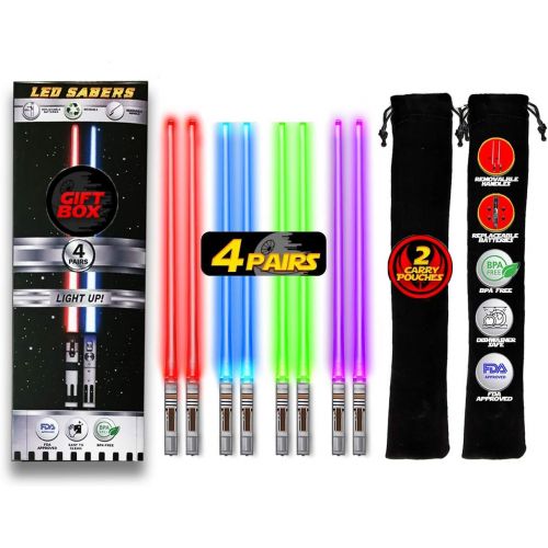  [아마존베스트]LIGHTSABER CHOPSTICKS LIGHT UP STAR WARS LED Glowing Light Saber Chop Sticks REUSABLE Sushi Lightup Sabers Removable Handle Dishwasher Safe Red Green Blue Purple - 4 Pairs