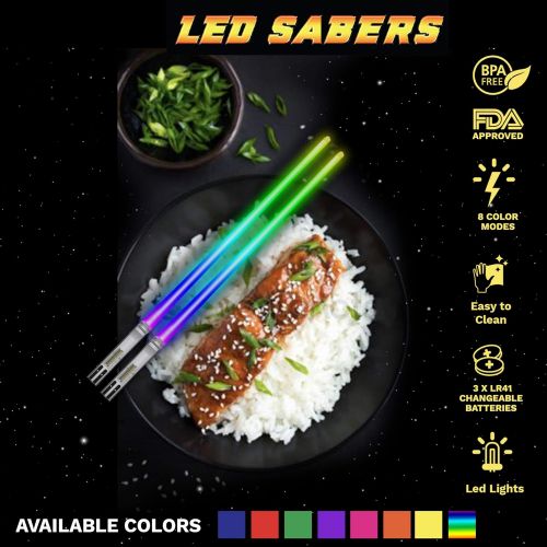  [아마존베스트]LIGHTSABER CHOPSTICKS LIGHT UP STAR WARS LED Glowing Light Saber Chop Sticks REUSABLE Sushi Lightup Sabers Removable Handle Dishwasher Safe 8 Color Modes 1 Pair