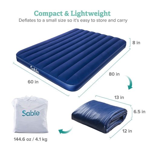  Sable Camping Air Mattress with Eco-Friendly PVC, Inflatable Air Bed with Extra Thick Flocked Top - Height 8, Queen Size