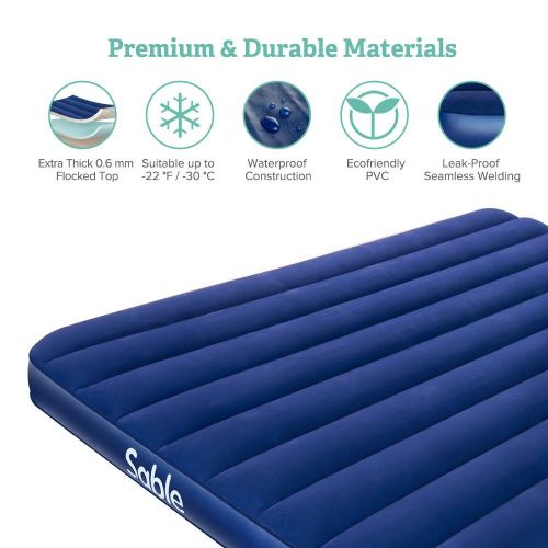  Sable Camping Air Mattress with Eco-Friendly PVC, Inflatable Air Bed with Extra Thick Flocked Top - Height 8, Queen Size