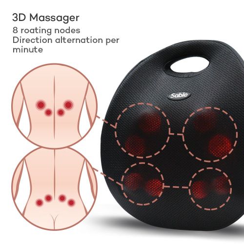  Sable Portable Back Massager with Heat, Shiatsu Electric Massaging Cushion Easy One-Button Control Neck Massager for Home, Office, Car Use