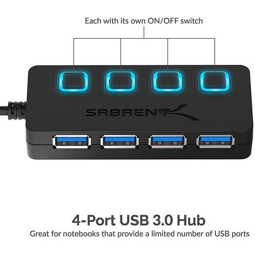  Sabrent USB 3.0 4-Port Hub with Individual Power Switches and AC Adapter